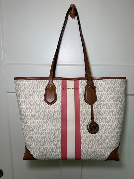 Michael Kors Handbags - Michael Kors Signature MK Logo Large Tote Bag Pink White Stripe Brown + Pouch